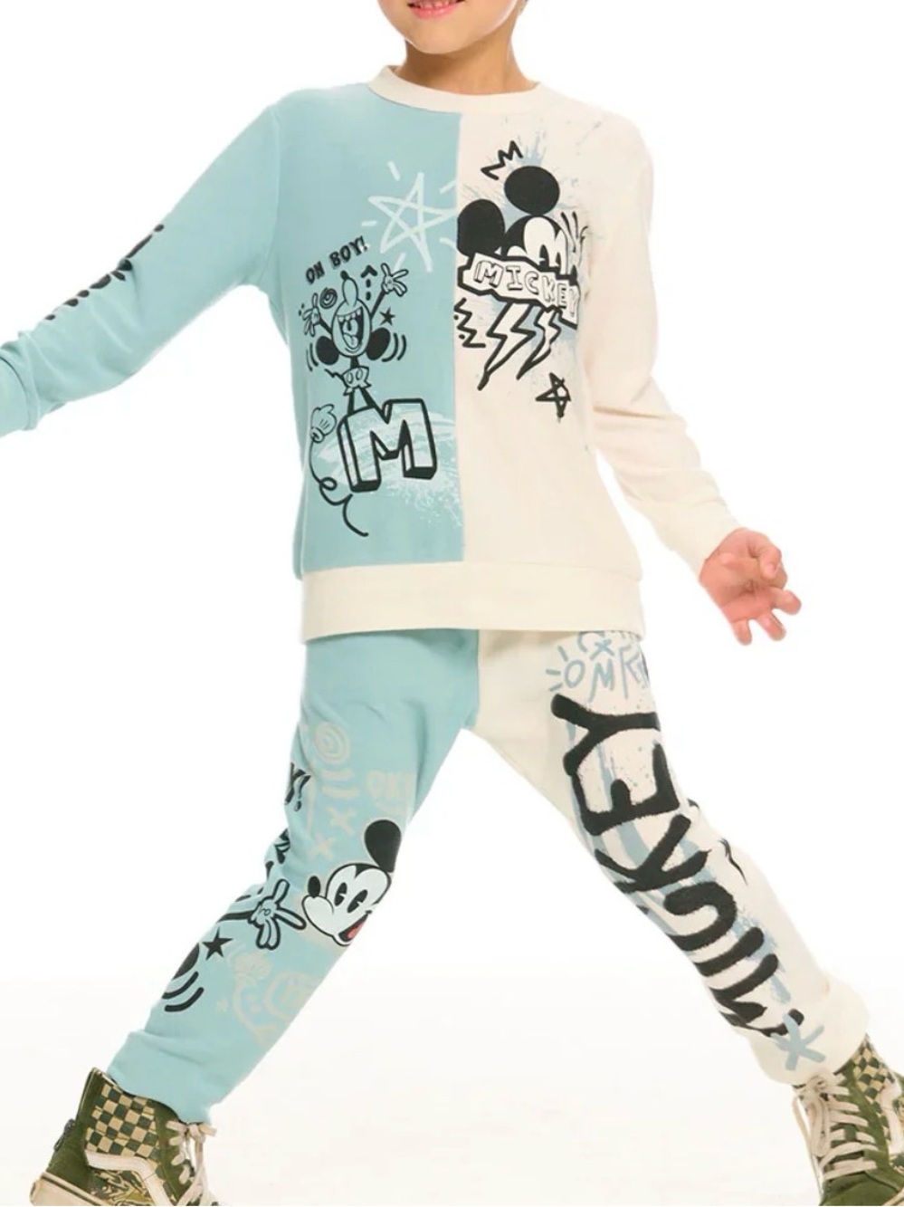 Chaser Kids Two-Piece Mickey Graphic Loungewear Set in Blue and White